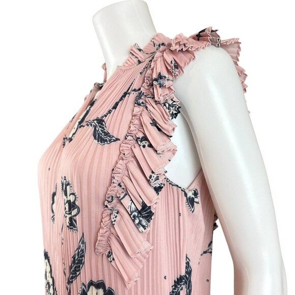 Whistles Pleated Floral Ruffle Wide Leg Cocktail Jumpsuit Pink Blue Size US 4 - Picture 4 of 10